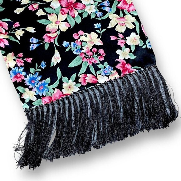 Shanghai Museum Womens Silk Scarf Black Floral Rectangular Tassed Fringe Trim - Picture 2 of 11